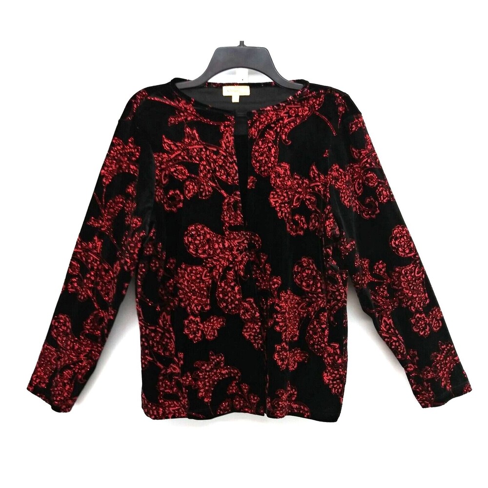 Choices Designer Blouse Womens Size 1X Black Red Metallic Floral Velvet Feel Top